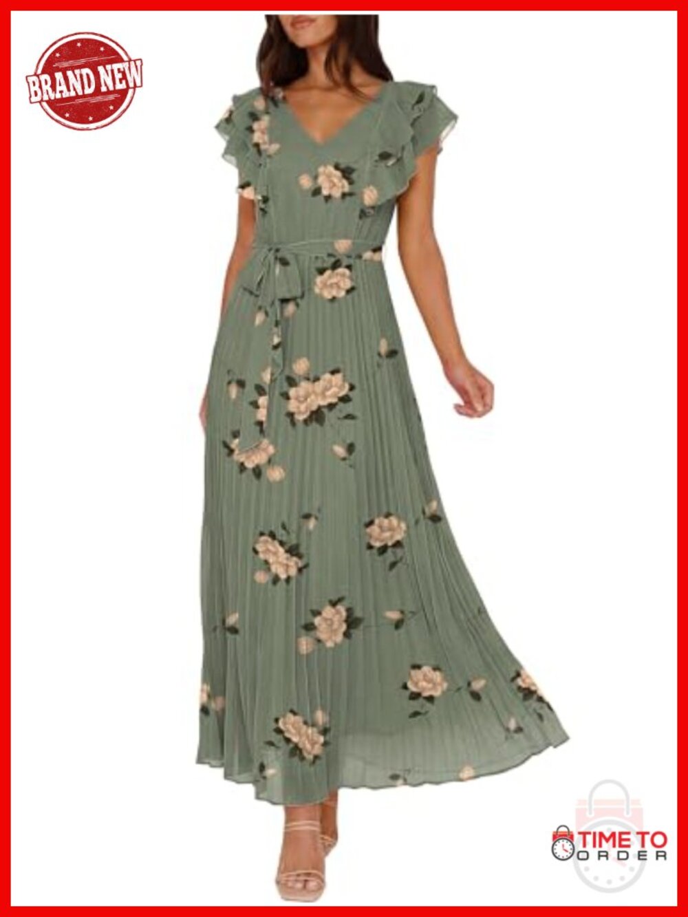 Women Floral Maxi Dress V-Neck Ruffle Sleeve Empire Waist Wedding Guest